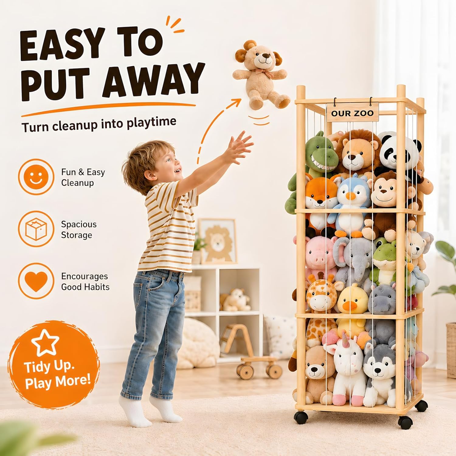 Stuffed Animal Storage & Organizer, Wooden Cute Zoo | 2 Removable Hanging Storage Net, Toy Holder, For Toddler Rooms, Playrooms & Bedrooms