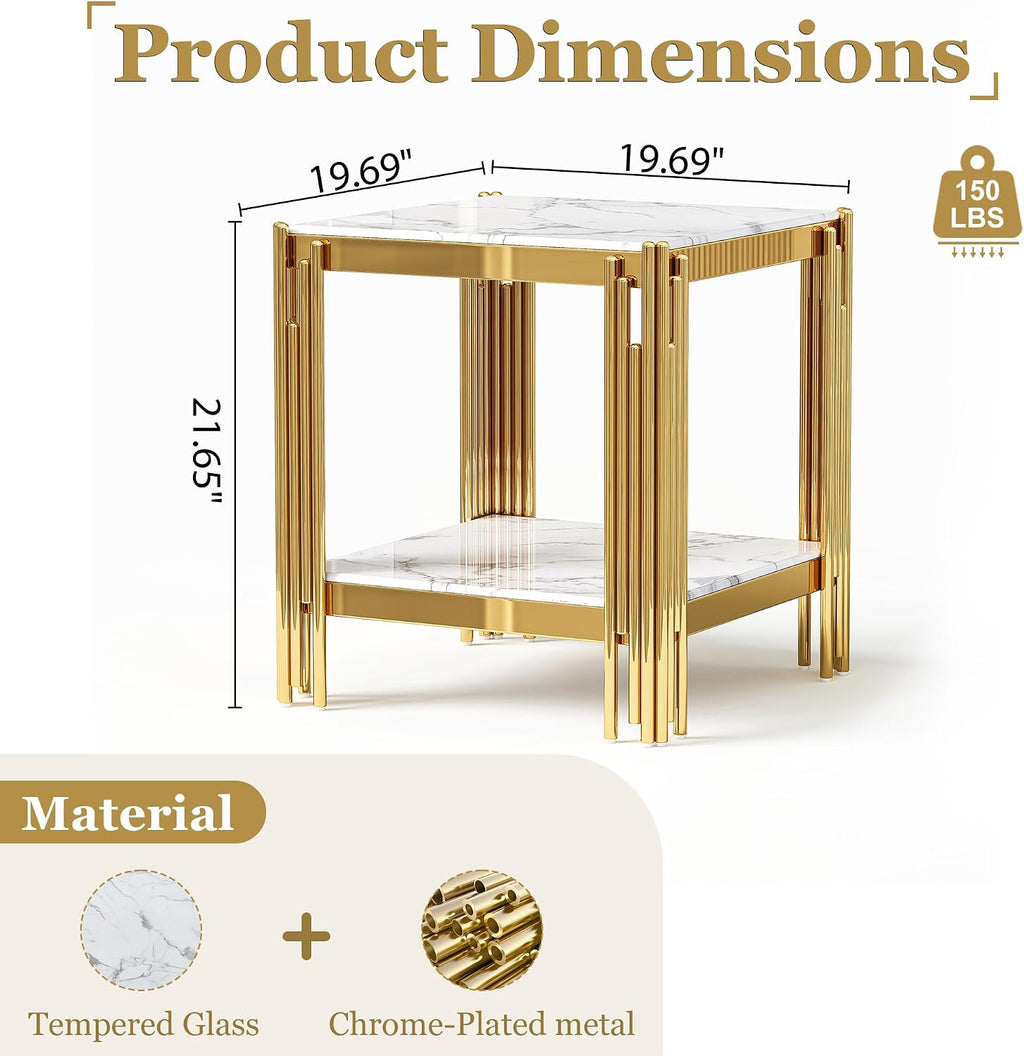 19" Square White Faux Marble End Table with Gold Mirror-Finish Stainless Steel Frame, Luxury Modern 2-Tier Side Table for Living or Bedroom