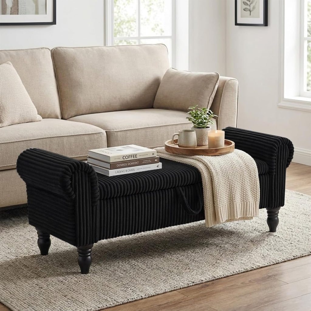 Storage Bedroom Bench for End of Bed, Storage Ottoman with Rolled Arms for Bedroom, Living Room, Entryway (Black)