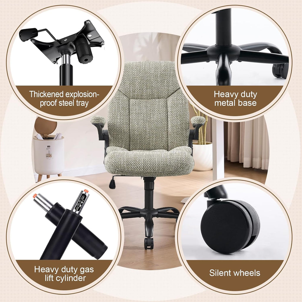 Fabric Executive Office Chair - Ergonomic Computer Chair with Flip-up Arms Comfy Cloth Home Desk Chairs Mid Back Support Adjustable Height Tilt Lock Swivel Rolling Wheels, LightGreen