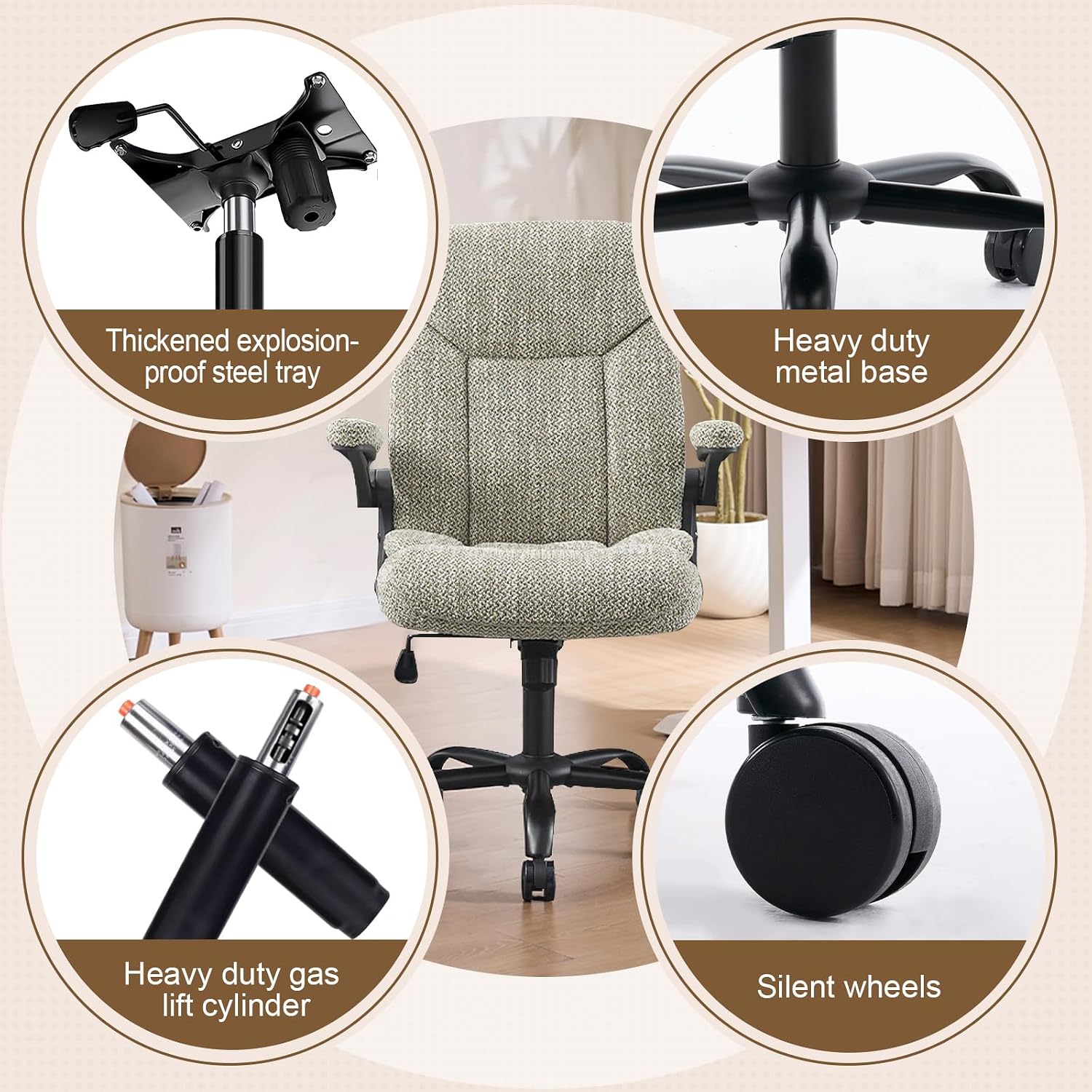 Fabric Executive Office Chair - Ergonomic Computer Chair with Flip-up Arms Comfy Cloth Home Desk Chairs Mid Back Support Adjustable Height Tilt Lock Swivel Rolling Wheels, LightGreen