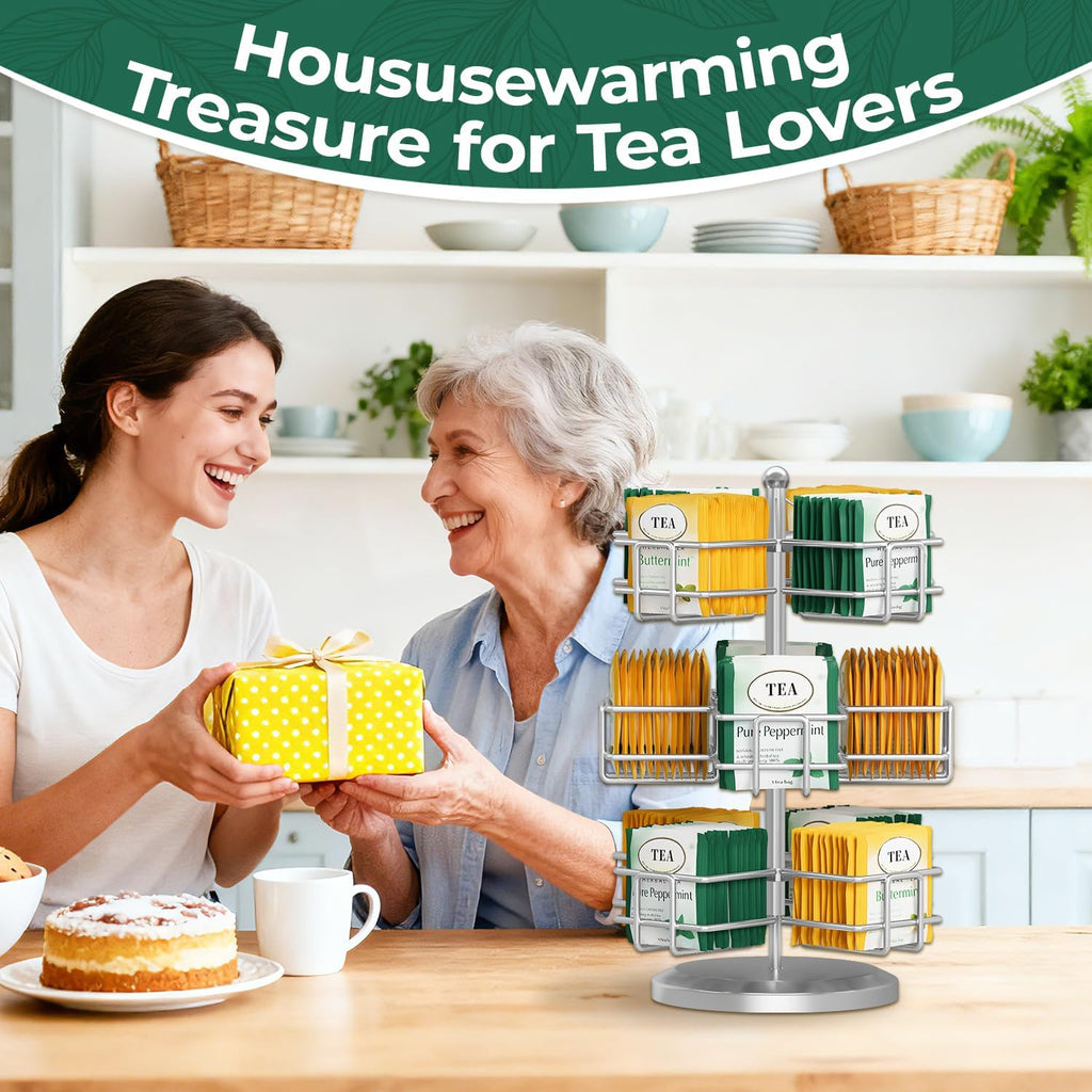 EsLuker.ly Tea Bag Holder Organizer for Counter, 3 Tier Metal Silver | Teabag Storage Rack, Spinning Carousel Packet Display Stand, Tea Organizer Station with Easy Access for Kitchen Office