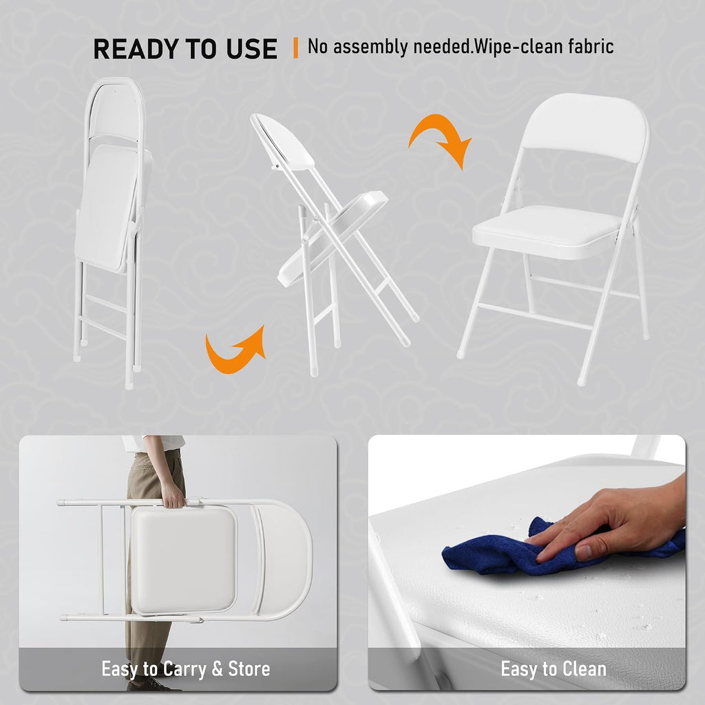 SEALAMB 10 Pack Folding Chairs with Cushion Seat, Heavy Duty Metal Frame Portable Stackable Chairs for Wedding Party Office School Church Events, Indoor Outdoor Use, 350 lb Capacity,White