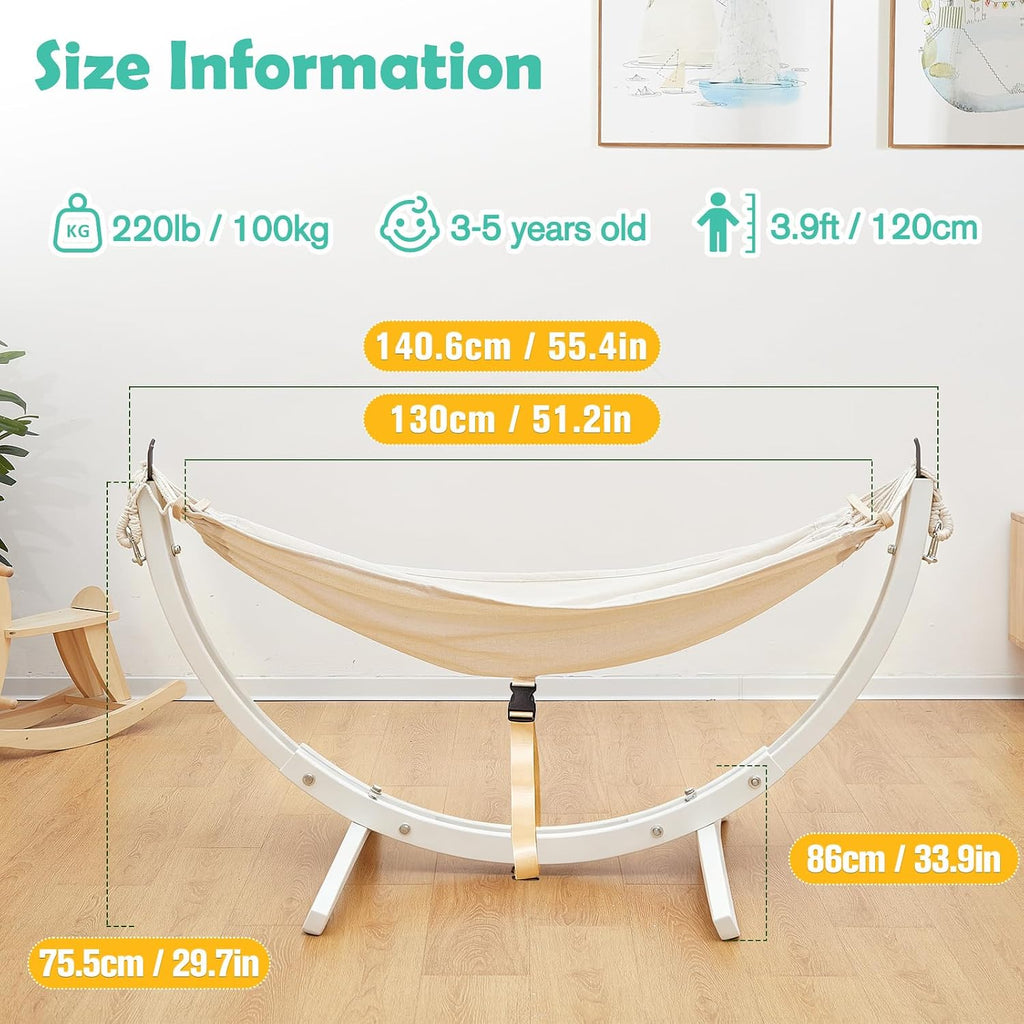 FUNLIO Wooden Hammock with Stand for Kids 3-5 Years (Height < 3.9ft/120cm), Premium Solid Wood Kids Hammock Chair Stand, Stable Structure, Wider & Longer Children Hammock, 220lbs Capacity - White