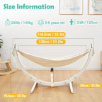 FUNLIO Wooden Hammock with Stand for Kids 3-5 Years (Height < 3.9ft/120cm), Premium Solid Wood Kids Hammock Chair Stand, Stable Structure, Wider & Longer Children Hammock, 220lbs Capacity - White