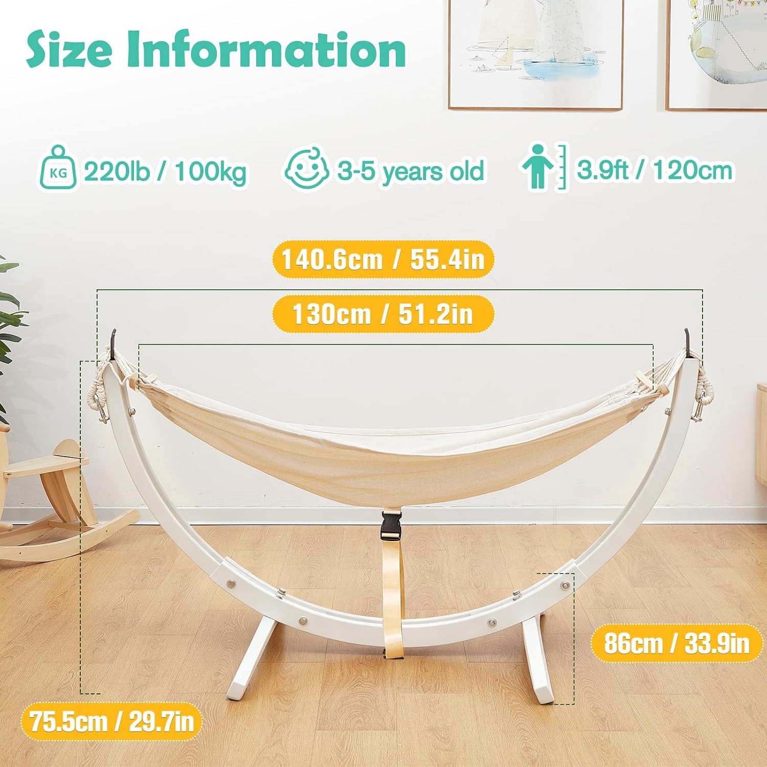 FUNLIO Wooden Hammock with Stand for Kids 3-5 Years (Height < 3.9ft/120cm), Premium Solid Wood Kids Hammock Chair Stand, Stable Structure, Wider & Longer Children Hammock, 220lbs Capacity - White