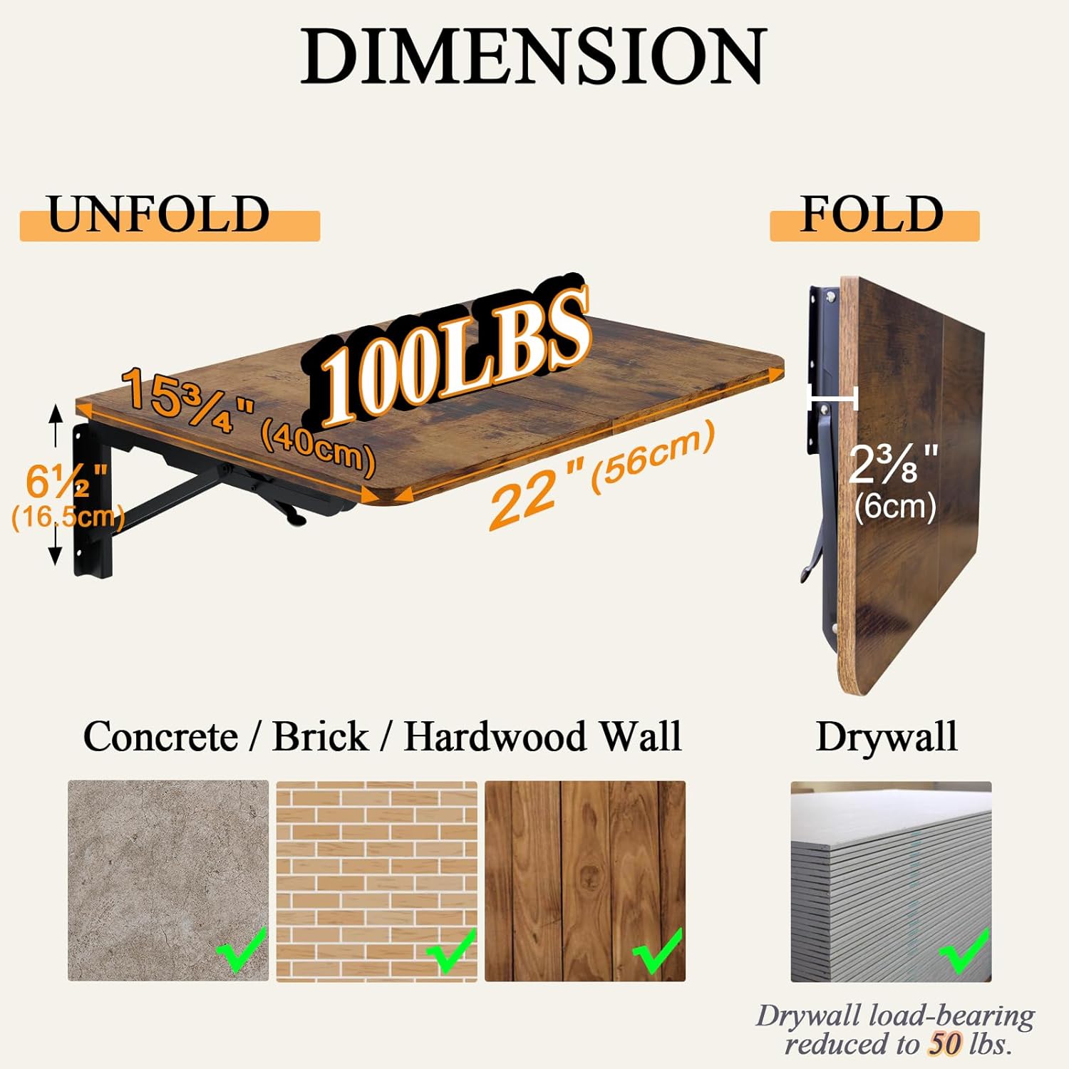 TEAMIX Wall Folding Table, Wall Mounted Floating Table Bedside Shelf for Small Space Bed Side Tray Storage, Foldable Space Saving Drop Leaf Desk for Bedroom, Living Room, Dorm 22''x15.7''(Brown)