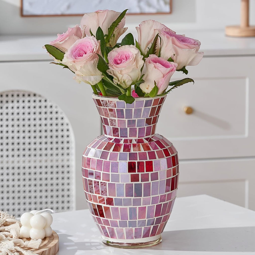 Pink Mosaic Glass Flower Vase, 8.7 Inch Handmade Home Decorative Vase for Living Room, Kitchen, Wedding, Pink Vase for Home Decor(Large)