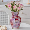 Pink Mosaic Glass Flower Vase, 8.7 Inch Handmade Home Decorative Vase for Living Room, Kitchen, Wedding, Pink Vase for Home Decor(Large)