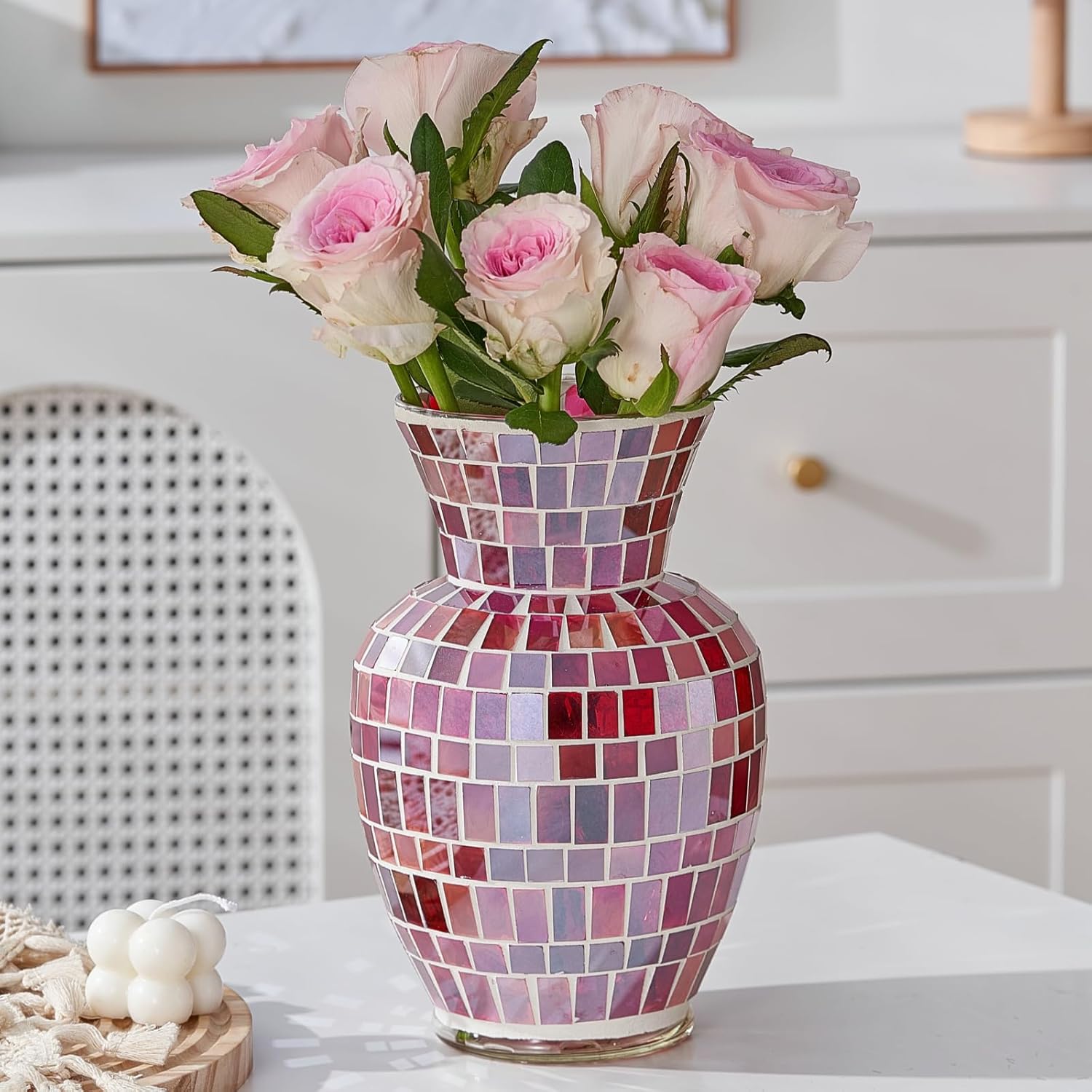 Pink Mosaic Glass Flower Vase, 8.7 Inch Handmade Home Decorative Vase for Living Room, Kitchen, Wedding, Pink Vase for Home Decor(Large)