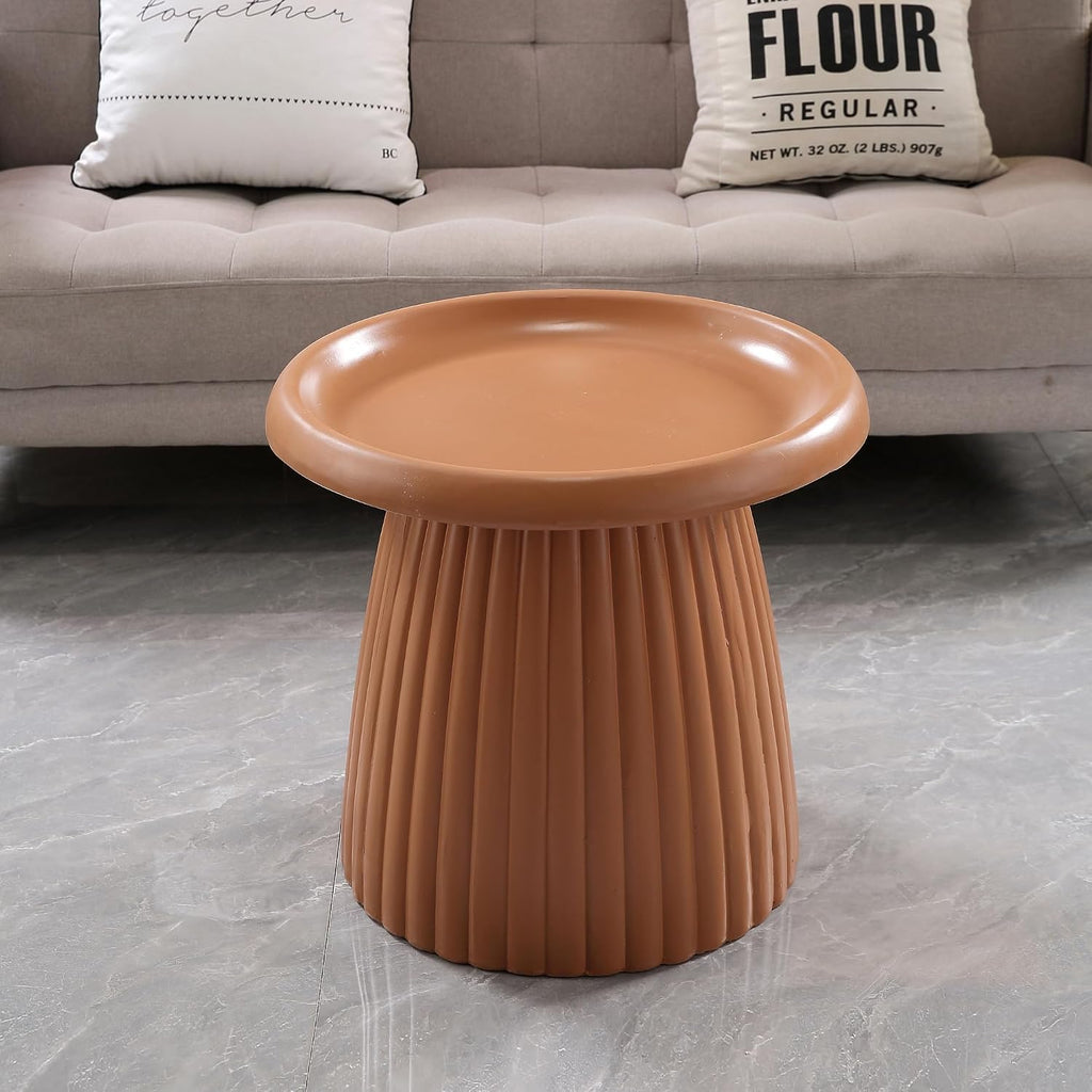 19.69" Round Light Terracotta MGO End Table for Indoors and Outdoors, Mid-Century Modern Magnesium Oxide Fluted Base Side Table, Circle Fluted End Table for Living Room Patio