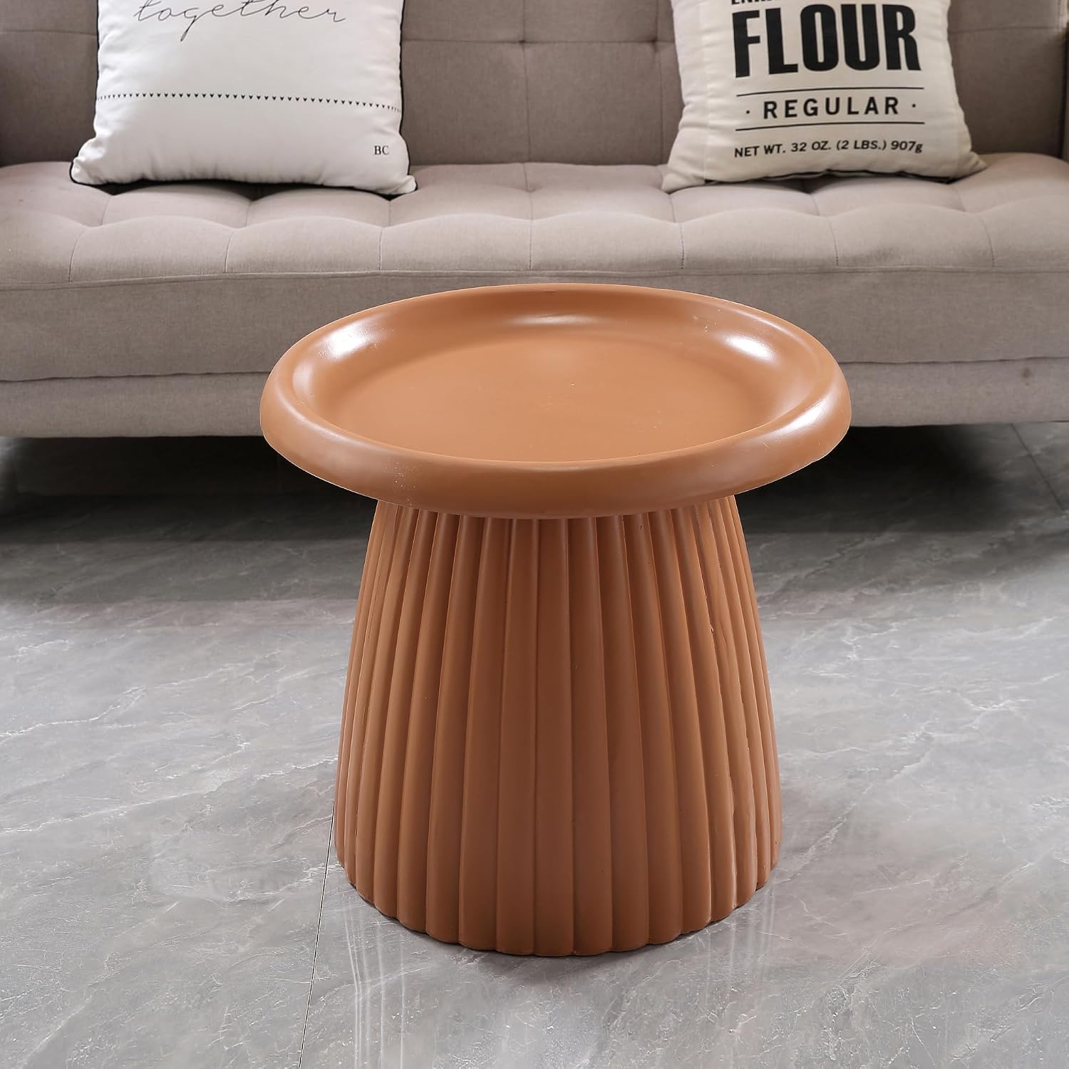 19.69" Round Light Terracotta MGO End Table for Indoors and Outdoors, Mid-Century Modern Magnesium Oxide Fluted Base Side Table, Circle Fluted End Table for Living Room Patio