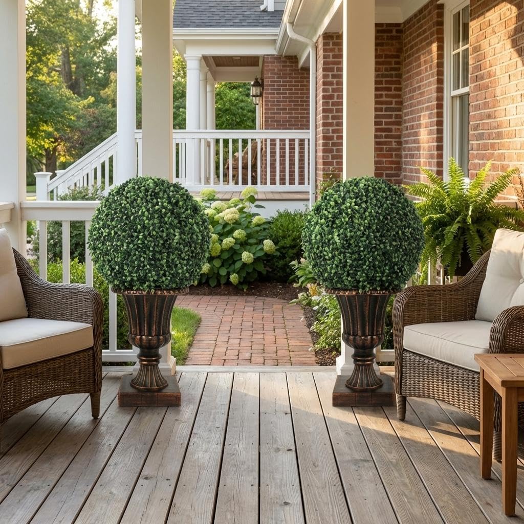 OUTLANE 25" Pre-Lit Topiary Trees Outdoor 2 Pack, 16" Faux Boxwood Ball with Lights, Fake Topiary Trees for Outdoors in Vintage Copper Urn Planter, Front Porch Decor Outdoor & Patio Plants