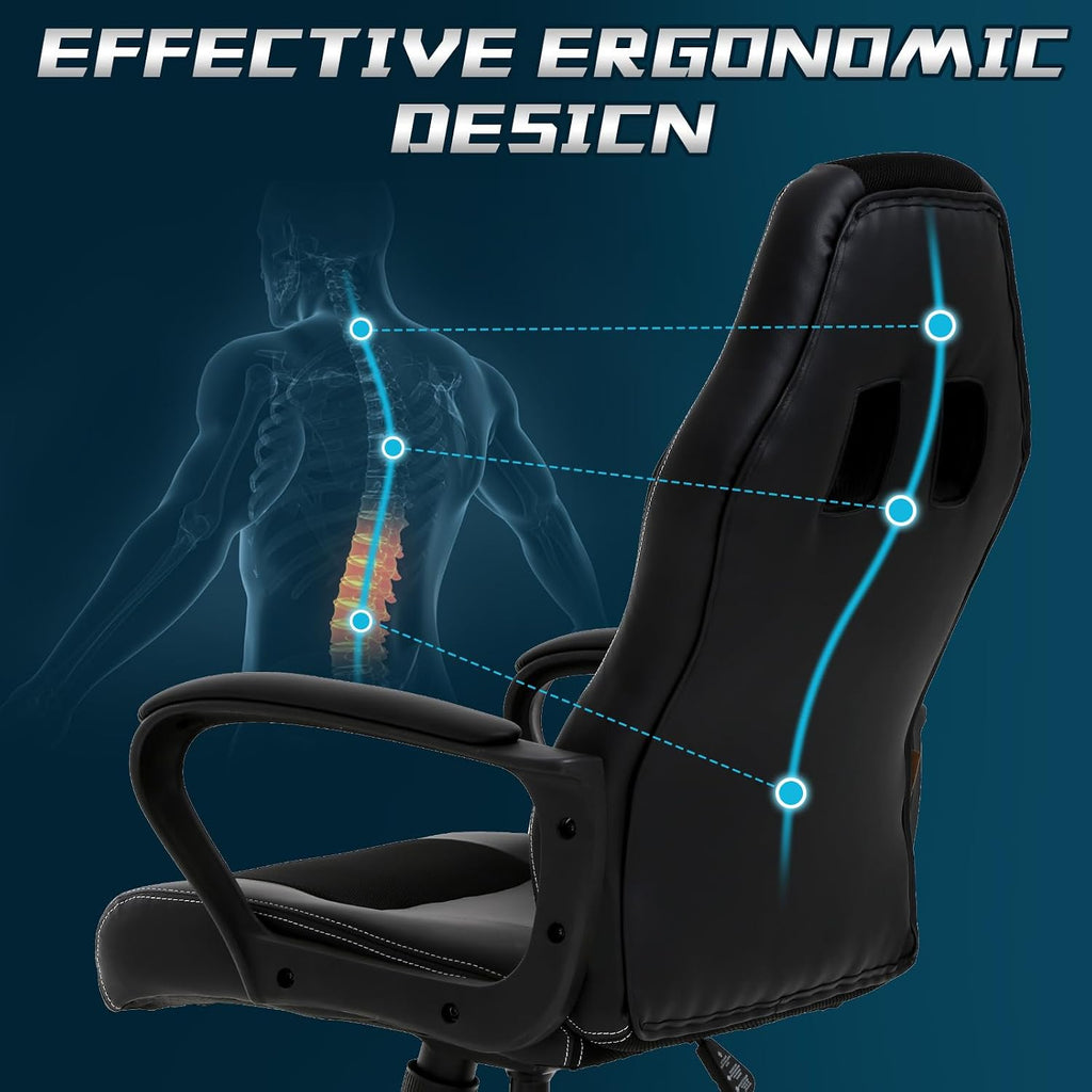 Gaming Chair PC Office Chair Ergonomic Gamer Chair PU Leather Executive Computer Chair with Lumbar Support High Back Adjustable Rolling Swivel Desk Chair for Adult Teen, Black