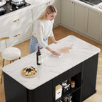 ONBRILL 60" Stationary Kitchen Island with Storage, Fluted Island Table w/Faux Marble Worktop, Sliding Door, Adjustable Shelves, Open Shelves, Mid Century Modern Coffee Bar Station with Drawer, Black