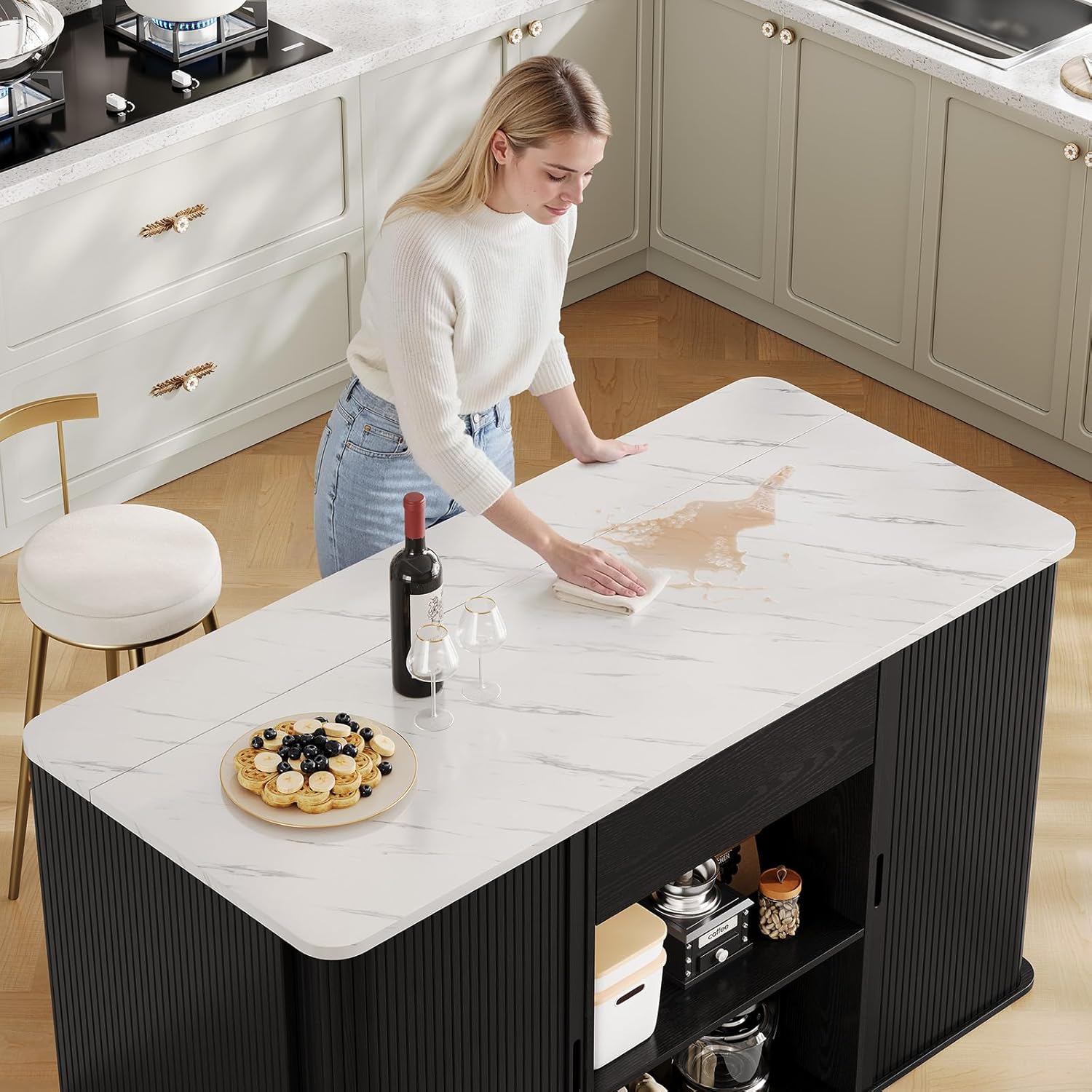 ONBRILL 60" Stationary Kitchen Island with Storage, Fluted Island Table w/Faux Marble Worktop, Sliding Door, Adjustable Shelves, Open Shelves, Mid Century Modern Coffee Bar Station with Drawer, Black