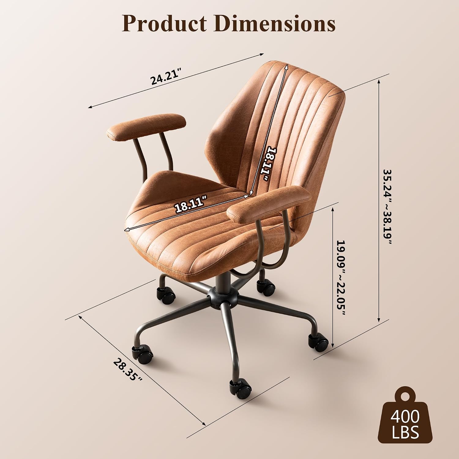 Mid Century Modren Office Chair,Mid Back Ergonomic Executive Chair with Lumbar Support, Computer Desk Swivel Task Chair with Wheels, Faux Lether Suede Fabric Home Chair, Brown