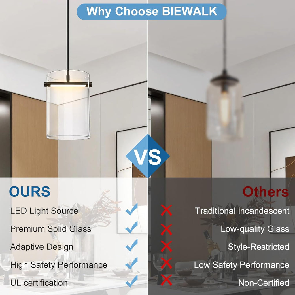 Biewalk Black Pendant Lights Kitchen Island with 10.2" Clear Glass Shade, Adjustable Modern Pendant Lighting Over Sink with LED, Minimalist Hanging Light Fixture for Dining Room Kitchen Bedroom