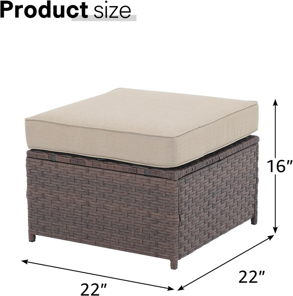SUNSITT Outdoor Patio Ottoman Set of 2, All Weather Rattan Outdoor Ottoman Set, Brown Wicker Footstool Ottoman Footrest Seat w/Olefin Beige Cushions for Balcony, Porch and Deck