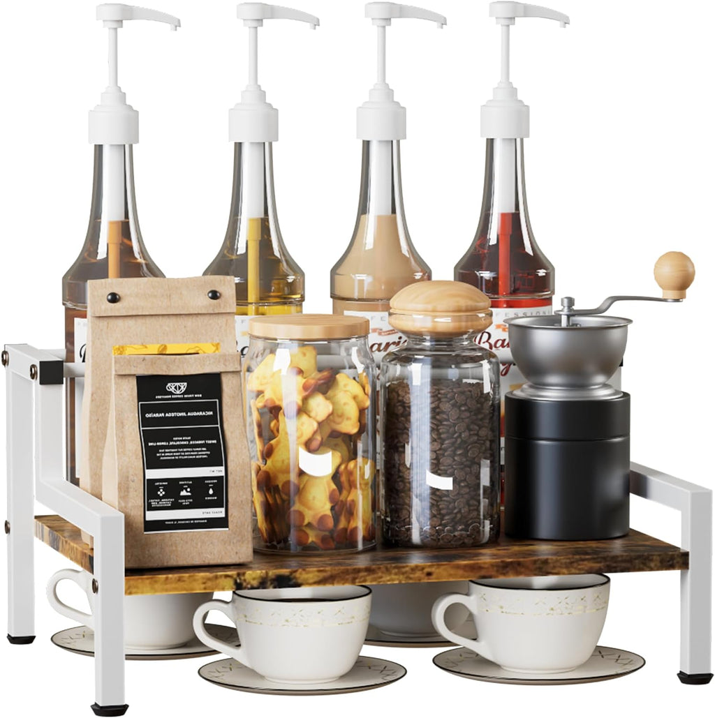 Coffee Syrup Rack Organizer for Countertop, 4 Syrup Bottles Holder Stand for Tabletop, Bar Organizer for Coffee Supplies, Wine Storage Rack for Home Bar, Kitchen, Café Shop, White