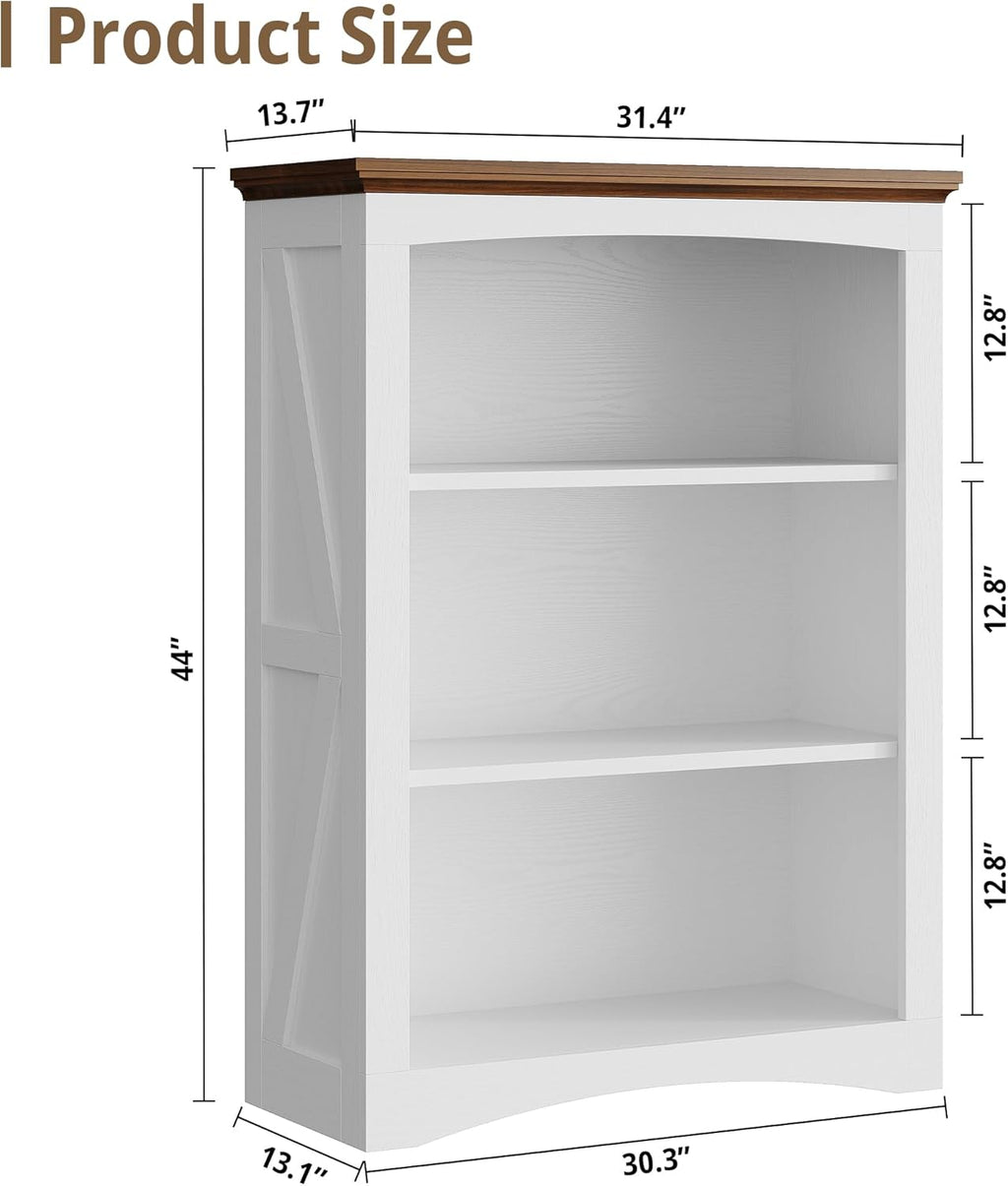 IRONCK 43" Tall Bookcase, 3 Tier Bookshelf with Thick Open Storage Shelf, 33in Wide Floor Standing Book Shelf for Home Office, Living Room, Bedroom, White