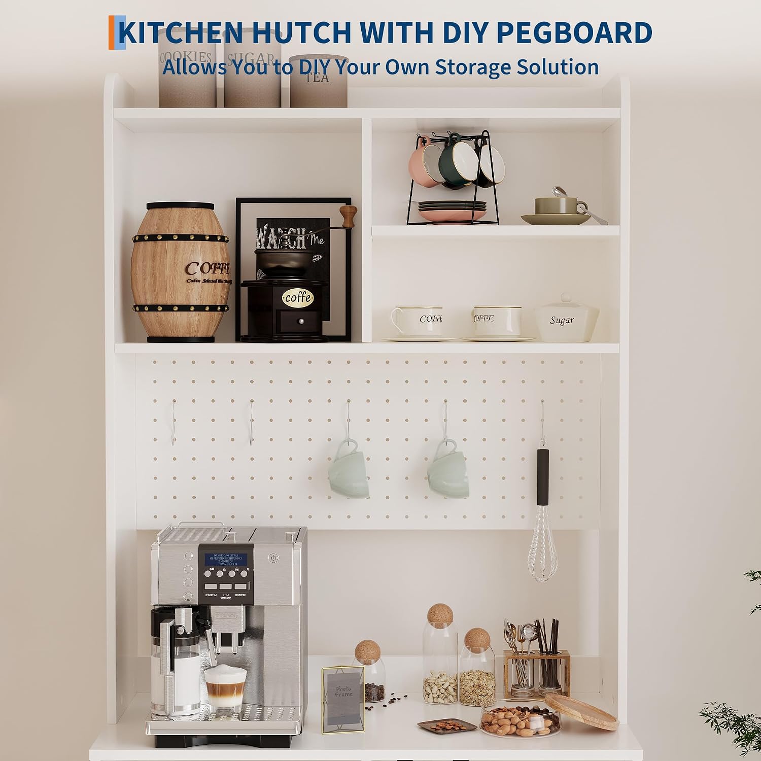 TrailBlaze Versatile Freestanding Kitchen Pantry Cabinet - 71" Tall Sideboard Buffet with Pegboard, 2 Glass Doors, Adjustable Shelves & 6 Hooks, Multi-Compartment Storage for Dining Room or Hallway