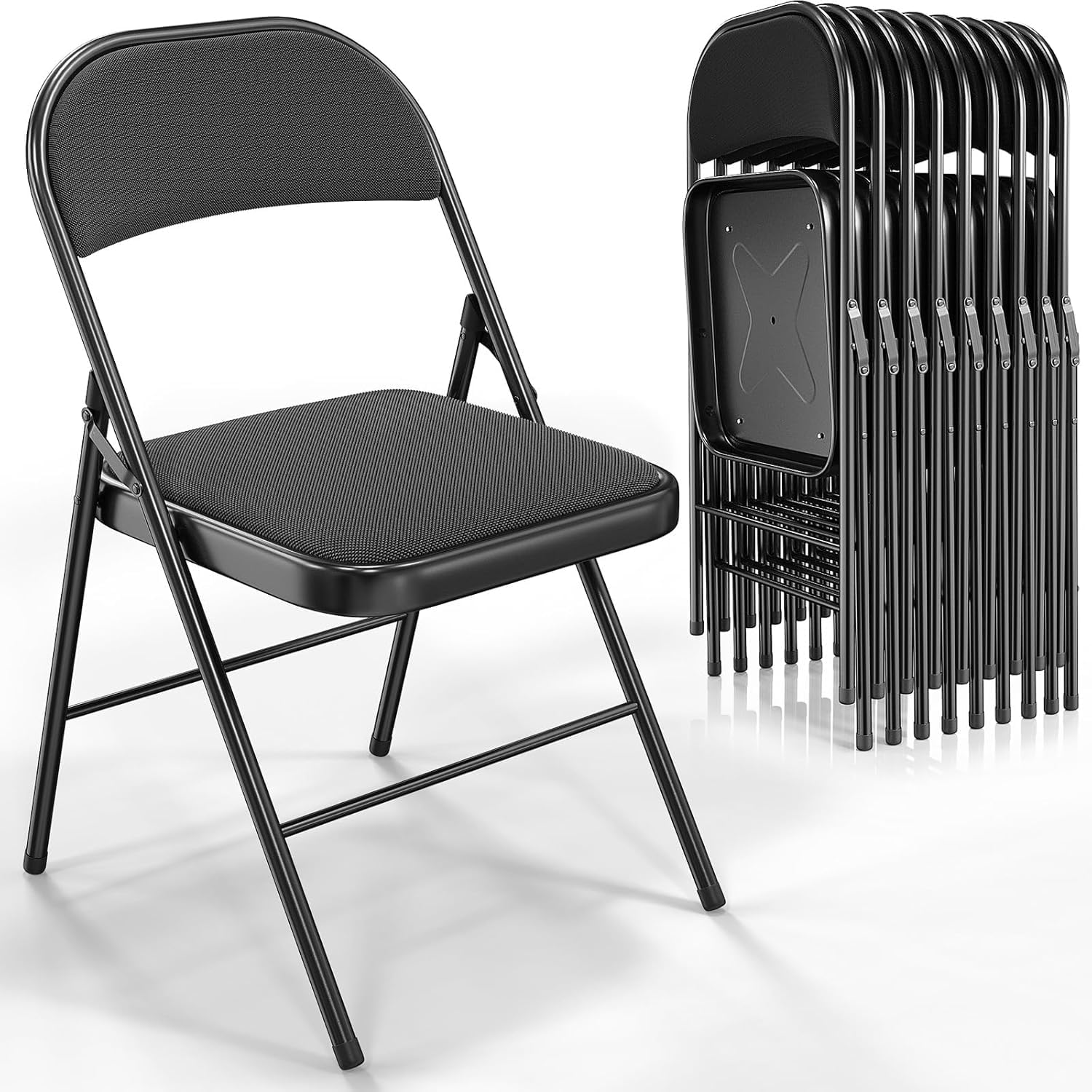 Bonnlo Folding Chair, Fabric Padded Folding Chairs with Cushion, Back and Steel Frame for Indoor Outdoor Outside Dinning Office Camping Use, Black, 10 Pack