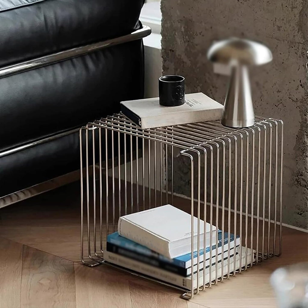 Modern Square Stainless Steel Side Table,Retro Geometry Metal End Table,Stackable Wire Cube Storage Rack for Living Room,Office,Bedroom Nightstand