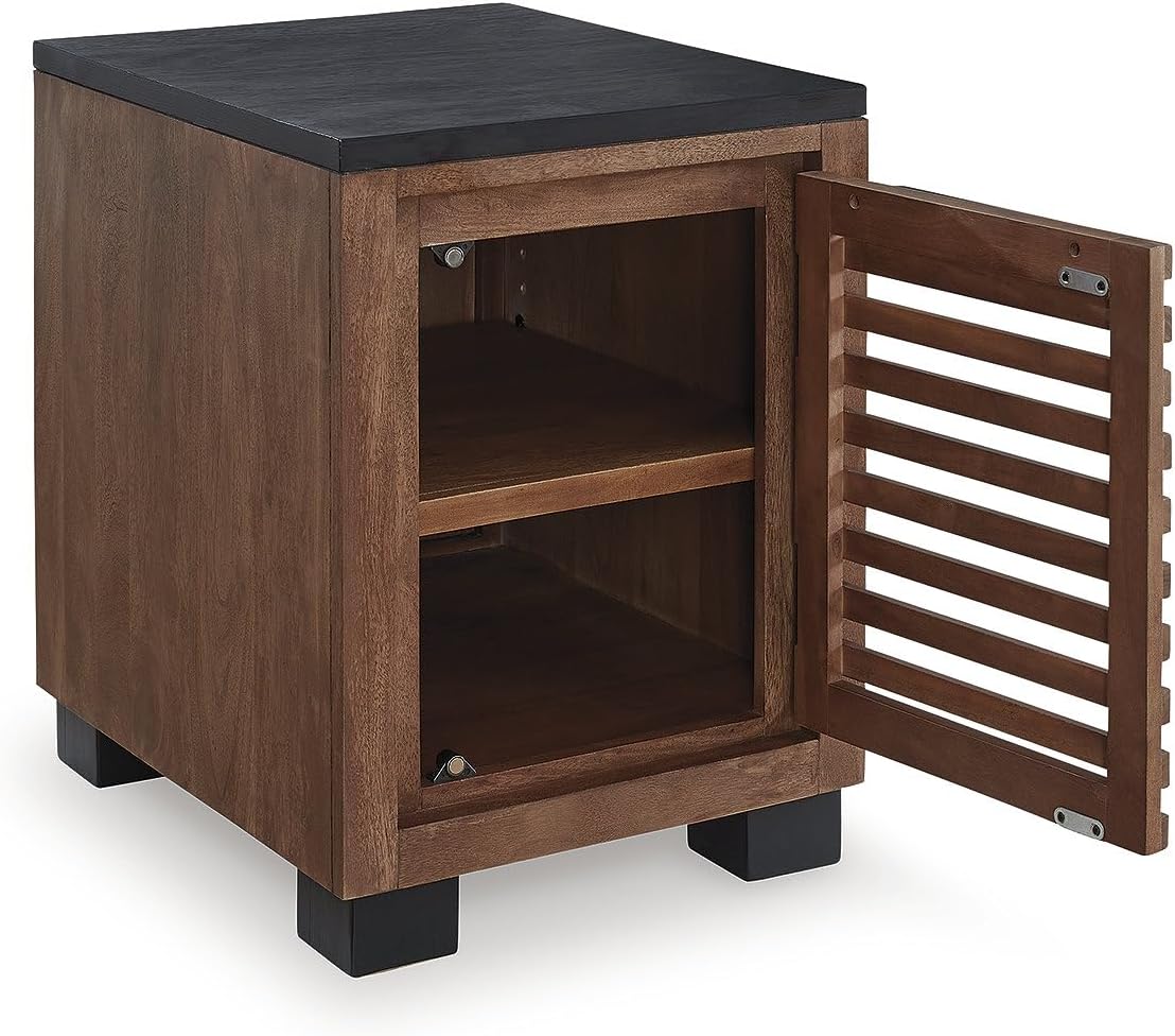 Signature Design by Ashley Kallari Industrial Chairside End Table with Cabinet and Shelf, Dark Brown & Black