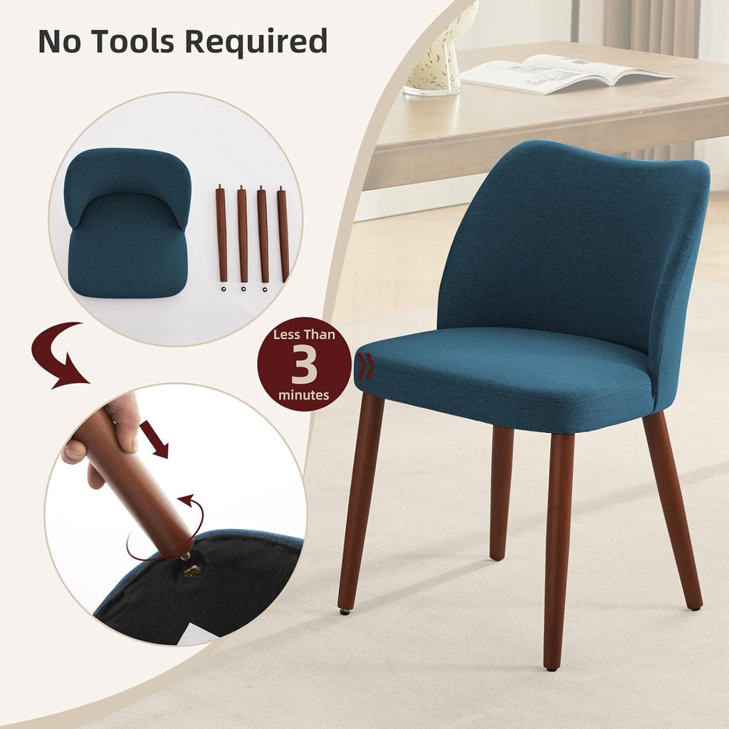 Dining Chair Set of 4, Linen Upholstered Dining Chair with Wood Legs, Wing Backrest, Wooden Kitchen Chair, Kitchen Chairs with Thick Cushions for Dining Room, Living Room, Blue