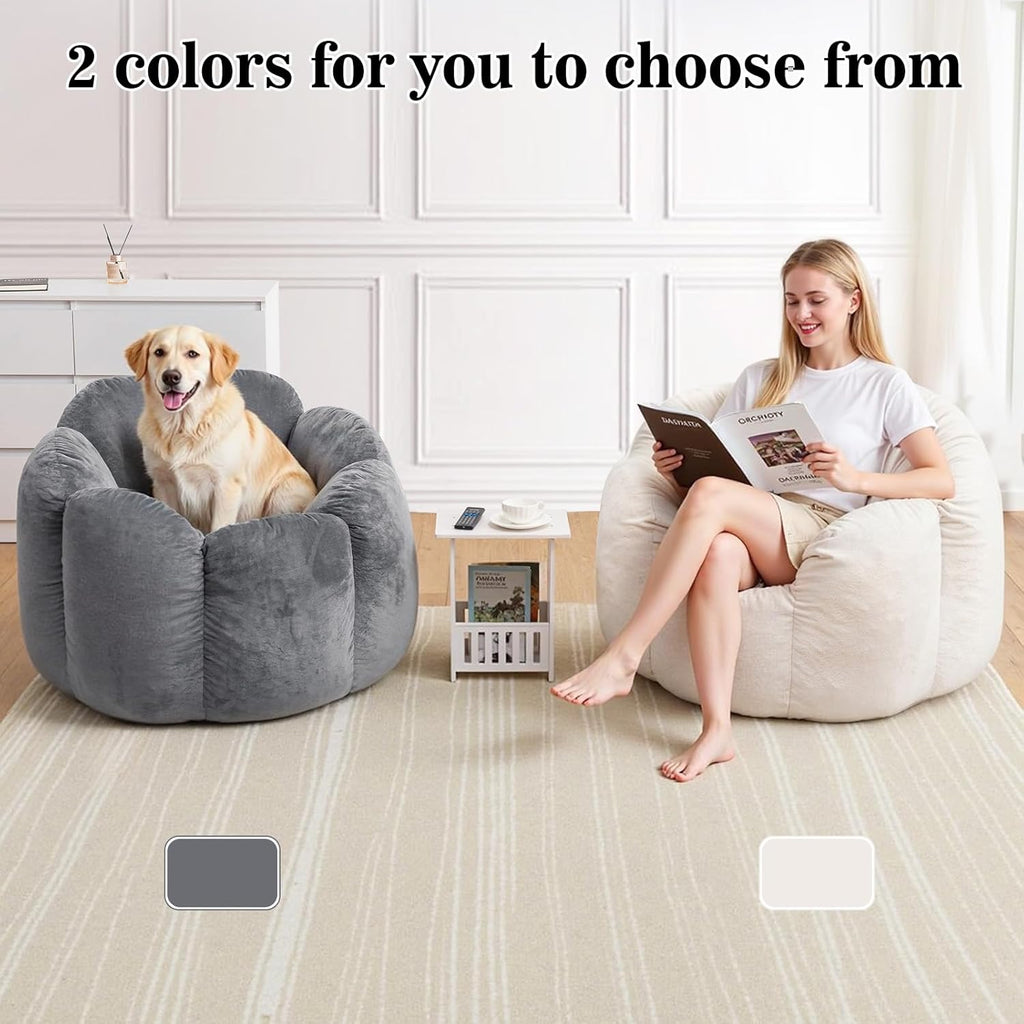 HOMMPA Bean Bag Chair for Adults Comfy Velvet Bean Bag Couch with Back Support Flower Shaped Oversized Sofa for Living Room,Bedroom,Dorm,Beige
