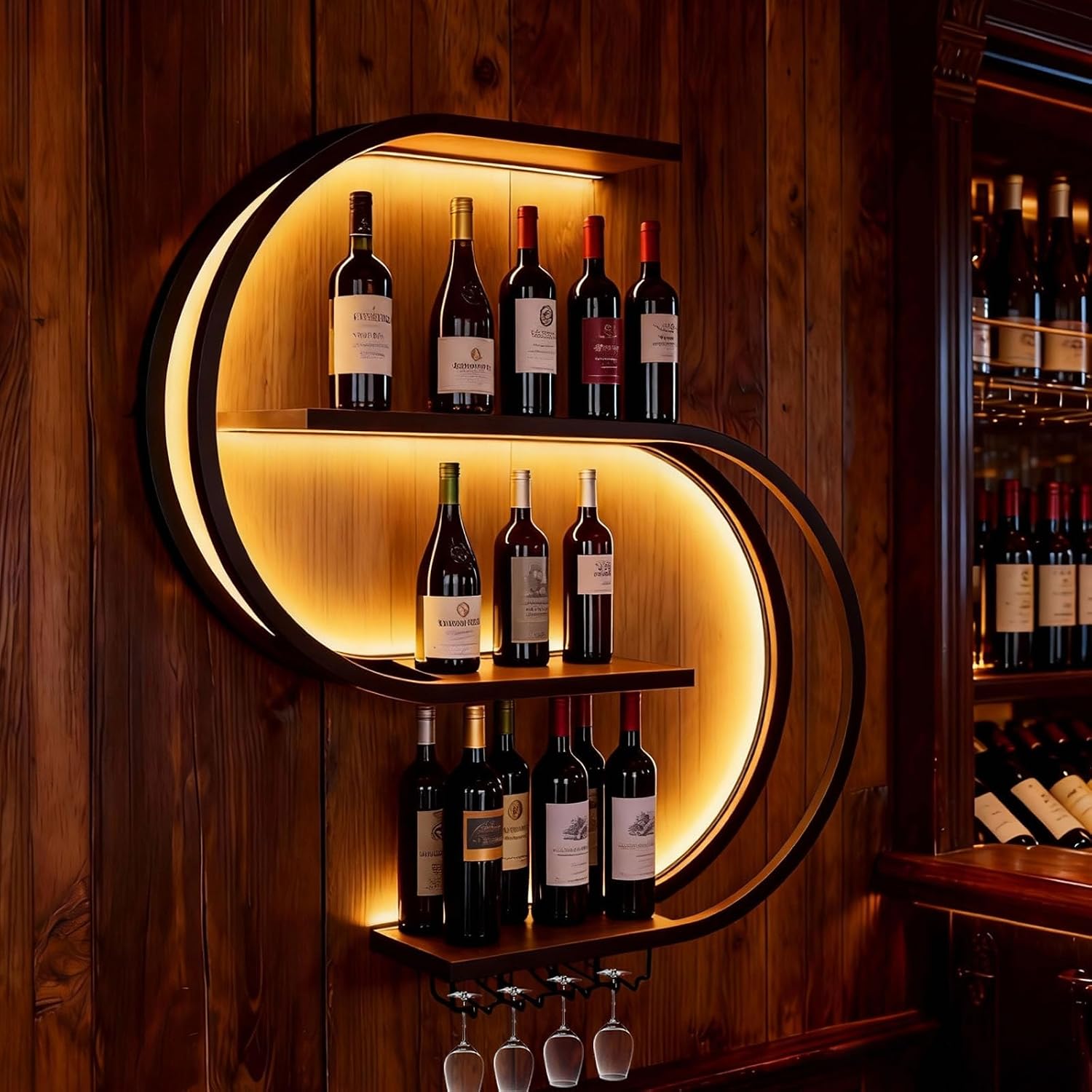 47.24in Wall Mounted Wine Rack, with LED Light Half Round Multi-Tier Iron Wine Bottle Display Rack with Wine Glass Hooks, for Kitchen, Bar, Cafe (Black,47.24 * 7.87 * 47.24INCHES)