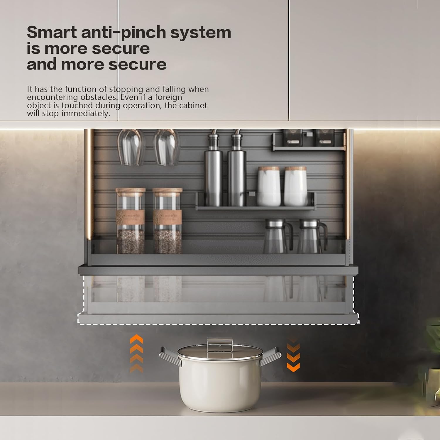 18" Touch Switch Motorized Cabinet Organizer, Electric Pull Down Shelf for Upper Cabinets, Anti-Collision Spice Rack,Smart Kitchen and Pantry Organization 18" Width Cabinet