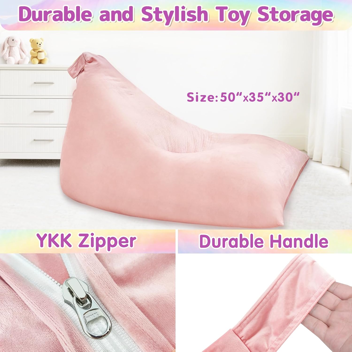 Jorbest Stuffed Animals Storage Bean Bag Chair for Kids and Adults, Luxury Velvet Stuffed Animals Bean Bag Storage, Cover Only(Sweet Pink 200 L/52 Gal)