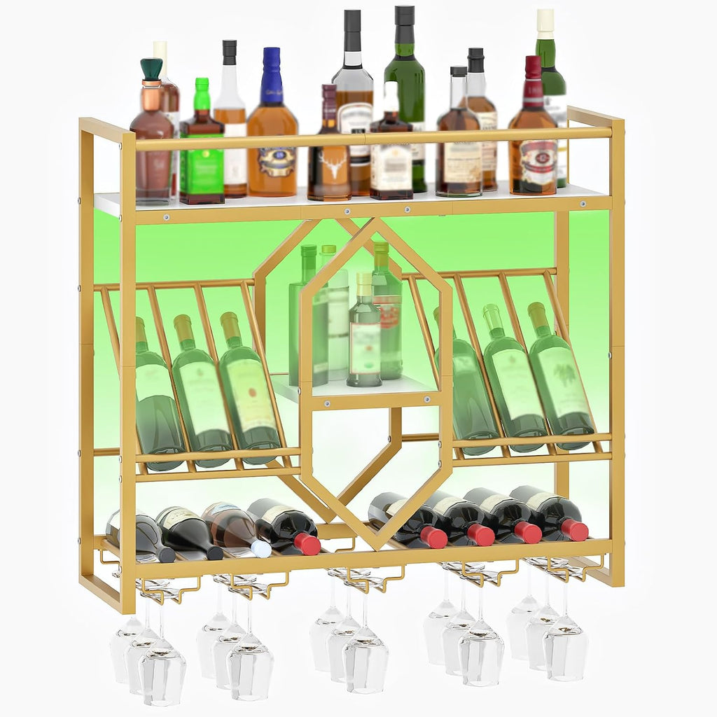 HOOBRO Wall Mounted Wine Rack with LED Light, 31.5" Wine Shelf, 3 Tier Wine Bottle Display Shelf with Glass Holder, Hanging Bar Liquor Storage Rack, for Kitchen, Bar, Gold and White DW73DBJ01