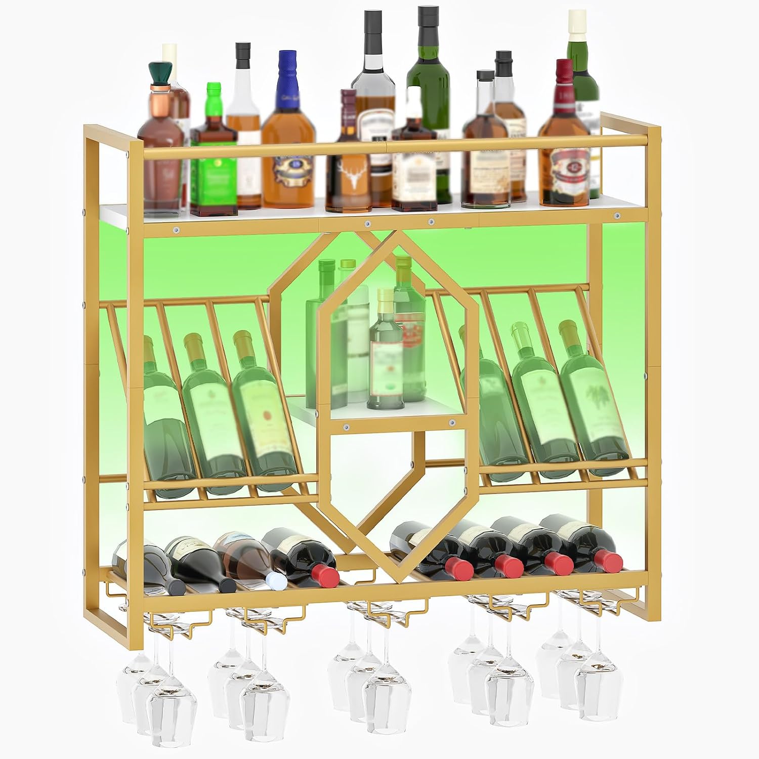 HOOBRO Wall Mounted Wine Rack with LED Light, 31.5" Wine Shelf, 3 Tier Wine Bottle Display Shelf with Glass Holder, Hanging Bar Liquor Storage Rack, for Kitchen, Bar, Gold and White DW73DBJ01