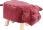 Cartoon Footstool Animal Shaped Padded Ottoman Upholstered Stool with Wooden Frame and Soft Sponge Cushion Suitable for Children Bedroom Playroom, Red