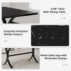 7-Piece Modern Dining Table Set, 63" Rectangular Black Faux Marble Dining Table with Curved Metal Legs and 6 Gray Velvet Upholstered Dining Chairs with Solid Wood Legs, Kitchen Furniture