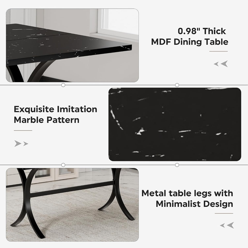 7-Piece Modern Dining Table Set, 63" Rectangular Black Faux Marble Dining Table with Curved Metal Legs and 6 Gray Velvet Upholstered Dining Chairs with Solid Wood Legs, Kitchen Furniture