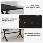 7-Piece Modern Dining Table Set, 63" Rectangular Black Faux Marble Dining Table with Curved Metal Legs and 6 Gray Velvet Upholstered Dining Chairs with Solid Wood Legs, Kitchen Furniture