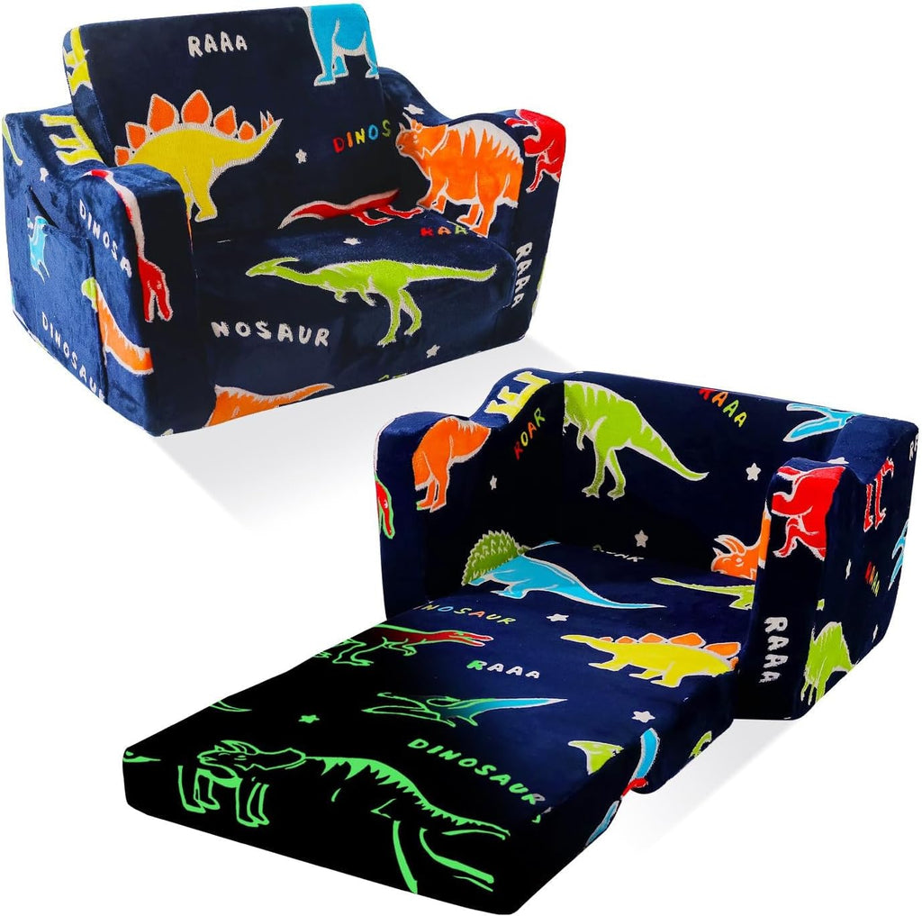 Toddler Couch, Glow in the Dark Dinosaur Kids Couch, 2-in-1 Foldable Flip Open Kids Sofa Chair for Reading, Playtime and Playroom, Gift for Boys and Girls