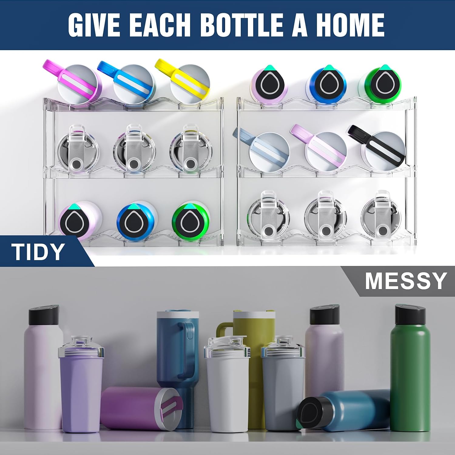 Stackable Water Bottle Organizer for Cabinet, Bottle and Other Tumbler Organizer for Kitchen Cabinets,Clear Stackable Water Bottle Holder and Wine Rack