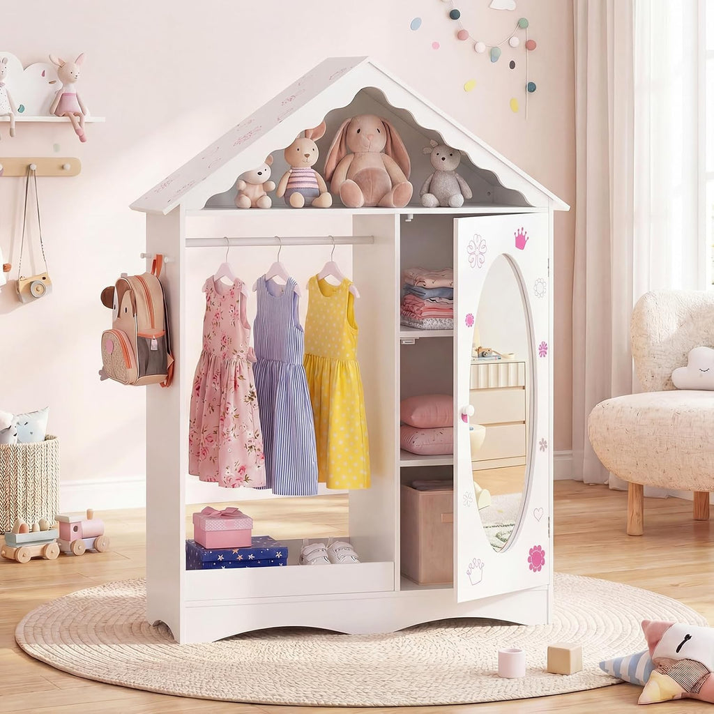 Costzon Kids Dress Up Storage with Mirror, Roofed Wardrobe Closet with Open Hanging Rack, Shelves & Hooks for Children, Kids Armoire & Costume Organizer for Bedroom (White)