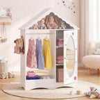 Costzon Kids Dress Up Storage with Mirror, Roofed Wardrobe Closet with Open Hanging Rack, Shelves & Hooks for Children, Kids Armoire & Costume Organizer for Bedroom (White)