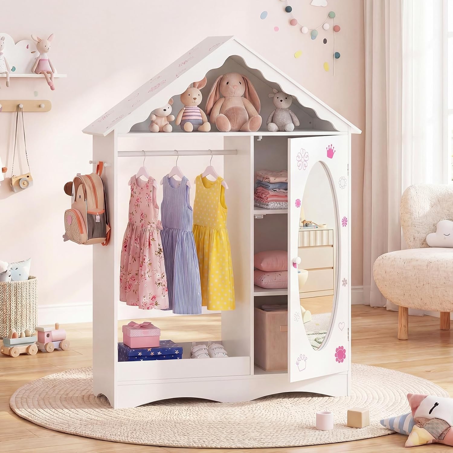 Costzon Kids Dress Up Storage with Mirror, Roofed Wardrobe Closet with Open Hanging Rack, Shelves & Hooks for Children, Kids Armoire & Costume Organizer for Bedroom (White)