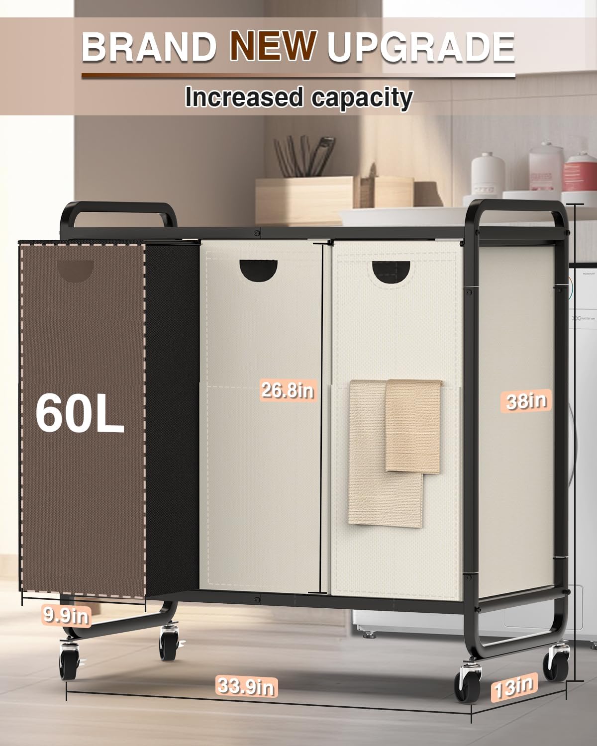 Laundry Sorter 3 Section,Laundry Basket with Wheels,3×15.8 Gal (60L) Laundry Hamper Organizer with Large Wooden Desktop Sorter,Pull-Out and Removable 900D Oxford Fabric Laundry Bags for Laundry Room