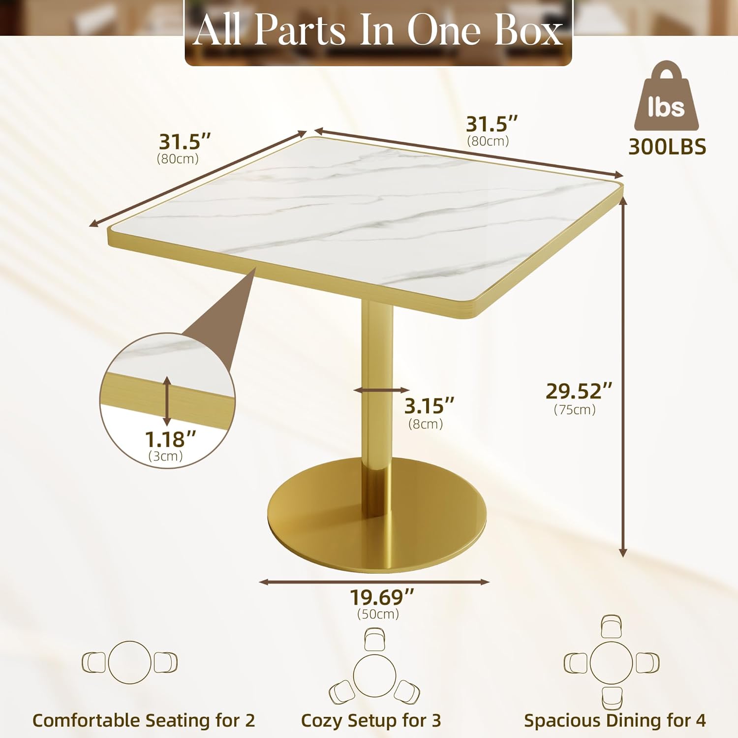 31.5'' Square Modern Dinning Table with Sintered Stone Tabletop, Golden Edge & Pedestal Base, Bistro Tulip Table for 2-4 Person for Dining Room/Cafe/Small Spaces/Restaurant (Snow Peak Marble)