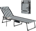Outsunny Folding Chaise Lounge Chair Outdoor Tanning Chair with Side Table, 5-Level Adjustable Beach Lounge Chair with Headrest, Side Pocket for Patio, Backyard, Beach, Poolside, Blue and White