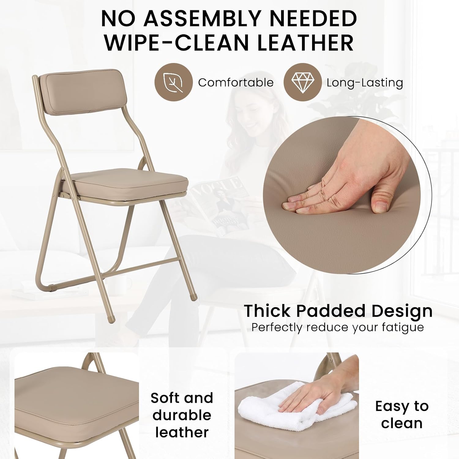2 Pack Padded Folding Chairs with Cushion, Foldable Dining Chair Set Portable Indoor Outdoor Stackable Folding Chairs with Steel Frame for Home Office Events Wedding Party Khaki