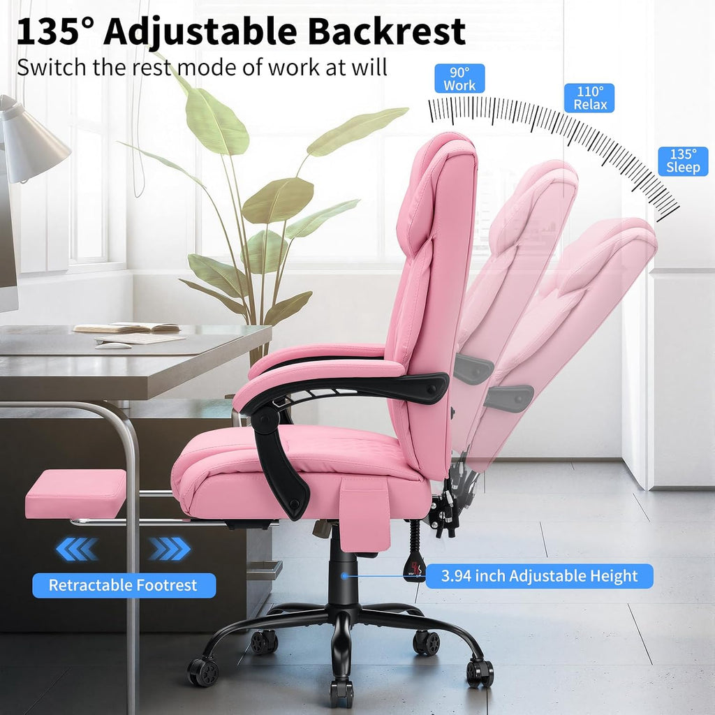 HOFFREE 400lbs Massage Office Chair with Foot Rest 6 Points Vibration Ergonomic Executive Office Chair Reclining High Back Computer Desk Chairs Pink